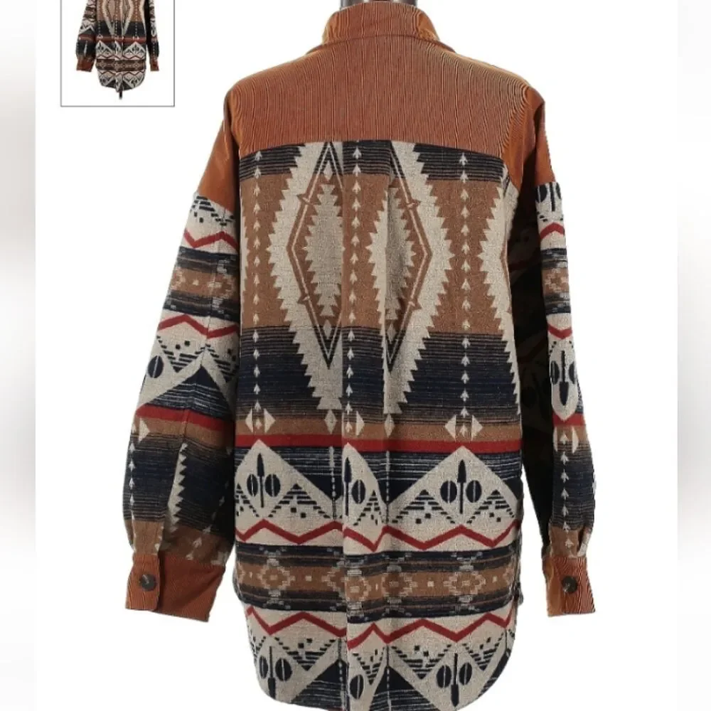 Western Shaket Sweater Jacket Tribal Aztec Print brown black buttondown L - Picture 3 of 13